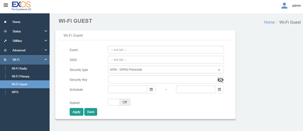 Select Wi-Fi Guest parameters and apply.