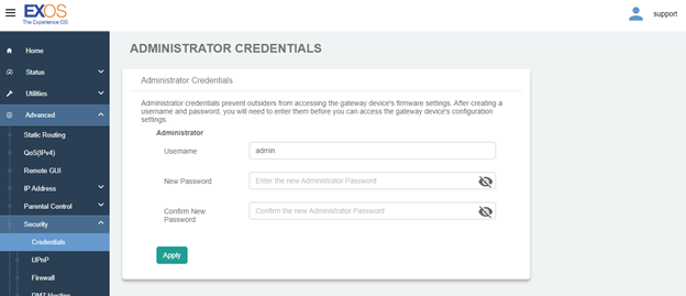 Next, select Credentials.  The Administrator Credentials page will allow you to change the username and password to access the Gateway. 